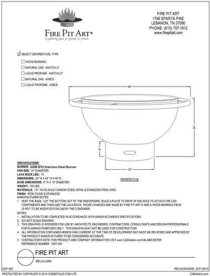 Fire Pit Art Bella Luna Fire Pit, 48", dimension drawing