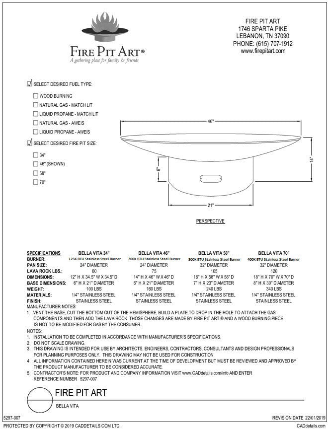 Fire Pit Art Bella Vita Fire Pit, 34", Stainless Steel, dimension drawing