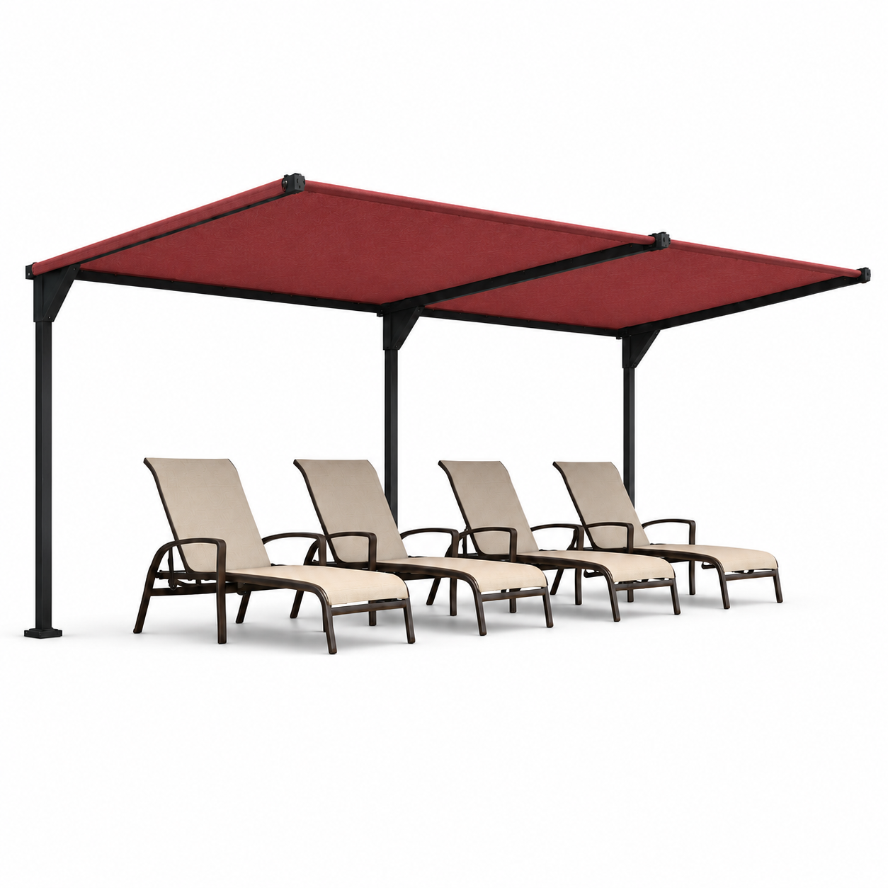 Illustration of a Tara Shade DeLux cantilever shade with a deep red canopy over four poolside loungers