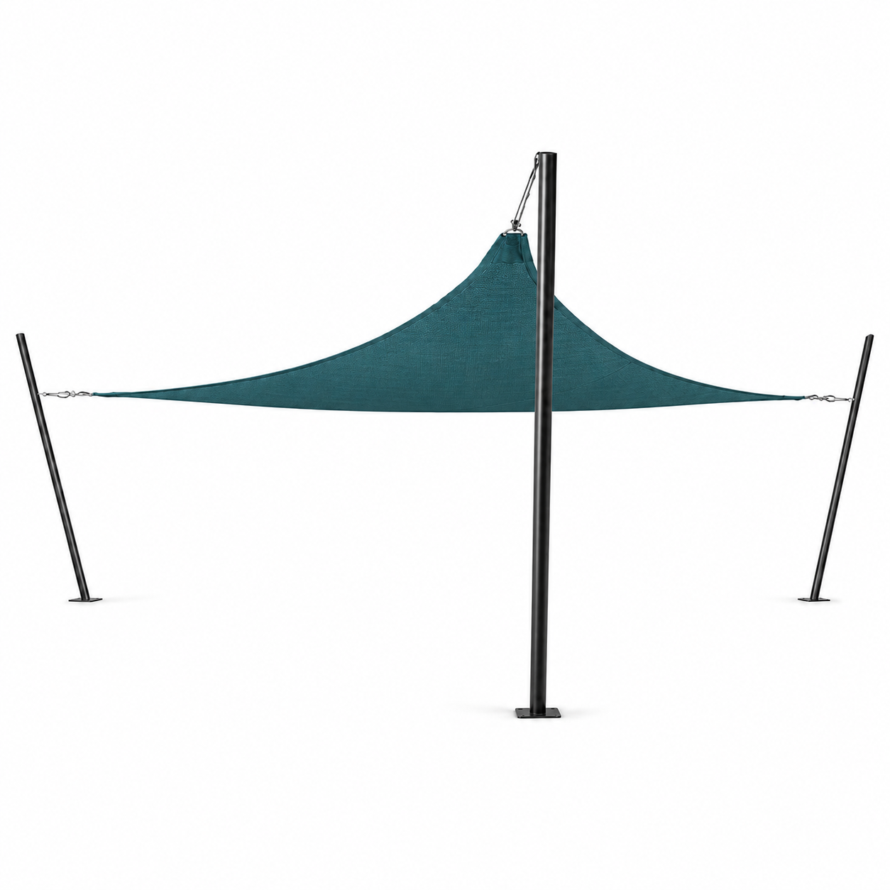 Illustration of a teal shade sail tensioned between three Tara Mod Shade poles
