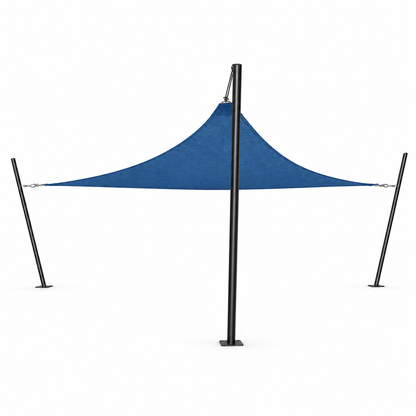 Illustration of a blue shade sail tensioned between three Tara Mod Shade poles