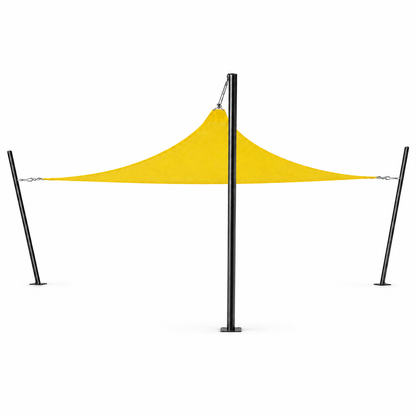 Illustration of a yellow shade sail tensioned between three Tara Mod Shade poles