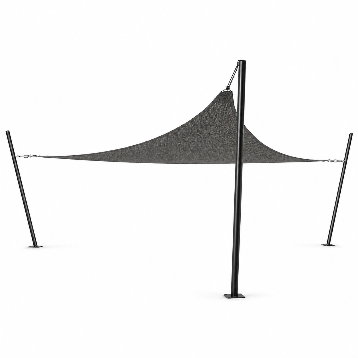 Illustration of a charcoal shade sail tensioned between three Tara Mod Shade poles