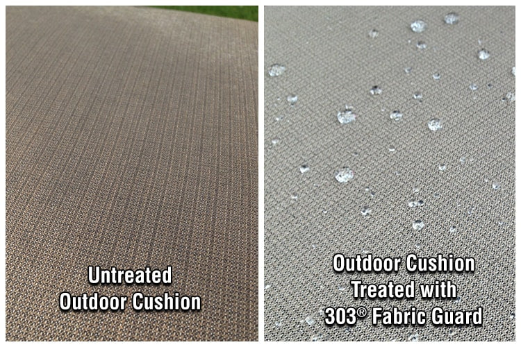 Cushion fabric untreated beside treated fabric with water beading