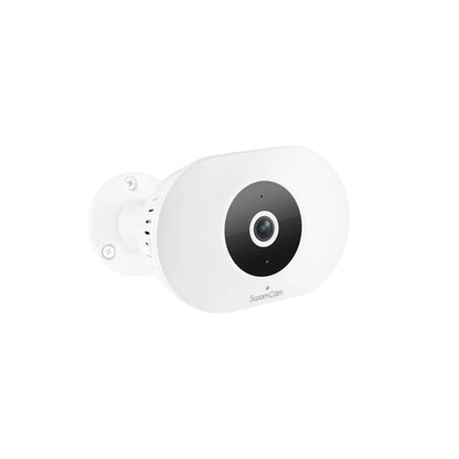 The same white pool camera seen at a three quarter angle, showing the mounting stem