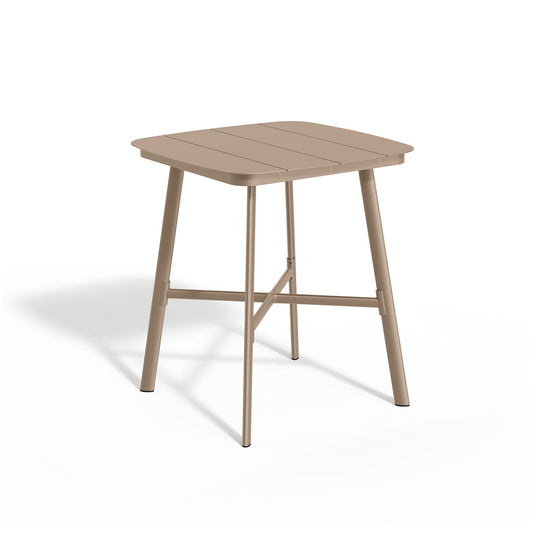 Oxford Garden Eiland 36 inch square bar height outdoor table with a powder coated aluminum top on a taupe powder coated aluminum frame, shown on a plain white background