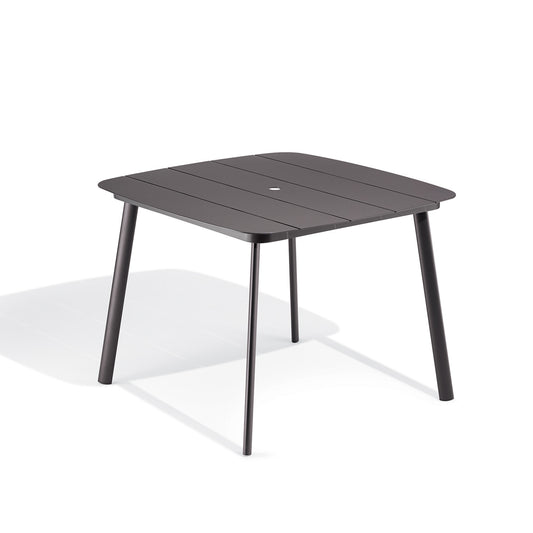 Oxford Garden Eiland 45 inch square counter height outdoor table with a powder coated aluminum top on a carbon powder coated aluminum frame, shown on a plain white background