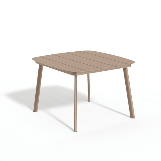 Oxford Garden Eiland 45 inch square outdoor dining table with a powder coated aluminum top on a taupe powder coated aluminum frame, shown on a plain white background