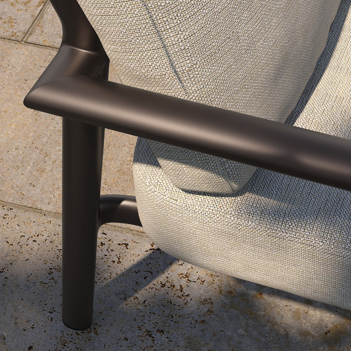 Close view of the seat and back cushion meeting at the back of an Eiland cushioned club chair
