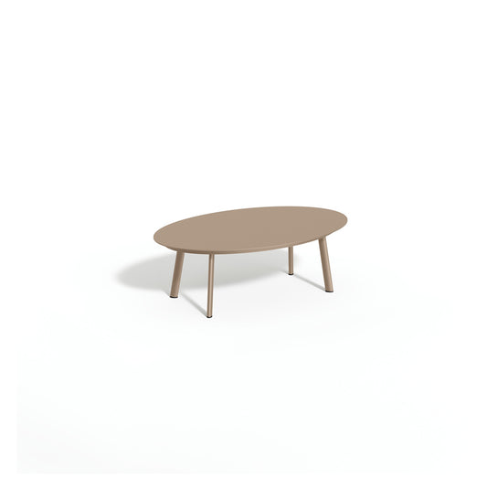 Oxford Garden Eiland 42 inch outdoor coffee table with a powder coated aluminum top on a taupe powder coated aluminum frame, shown on a plain white background