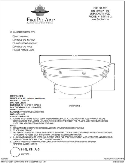 Fire Pit Art Emperor Fire Pit, 37.25", dimension drawing