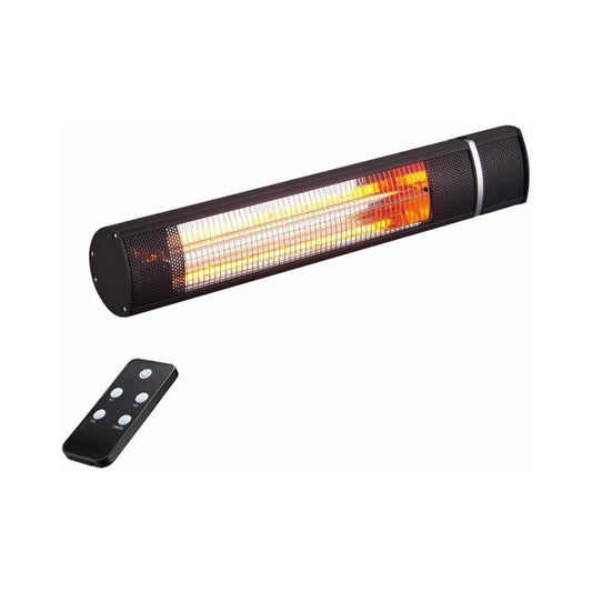 Energy-efficient 25-inch electric patio heater with sleek golden tube design for outdoor spaces.