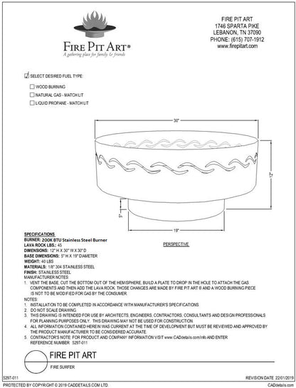 Fire Pit Art Fire Surfer Fire Pit, 30", dimension drawing