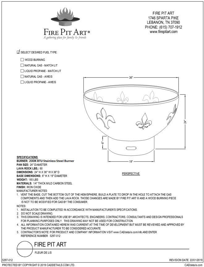 Fire Pit Art Fleur de Lis Fire Pit, 36", dimension drawing