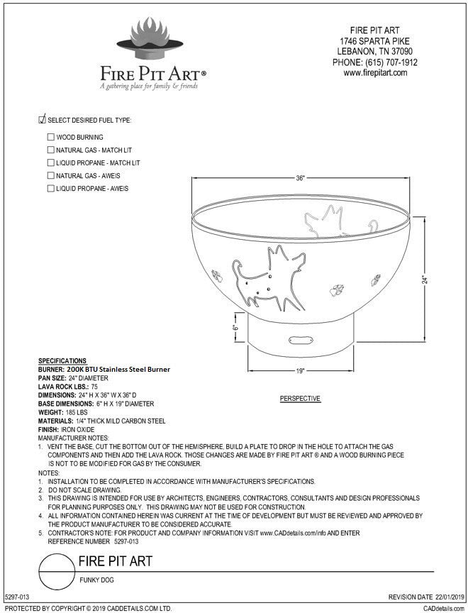 Fire Pit Art Funky Dog Fire Pit, 36", dimension drawing