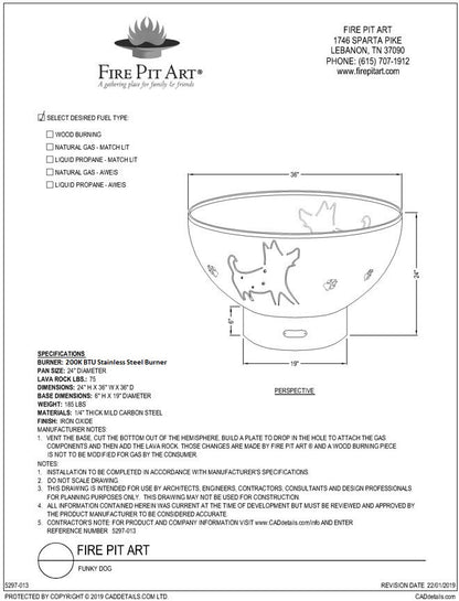 Fire Pit Art Funky Dog Fire Pit, 36", dimension drawing