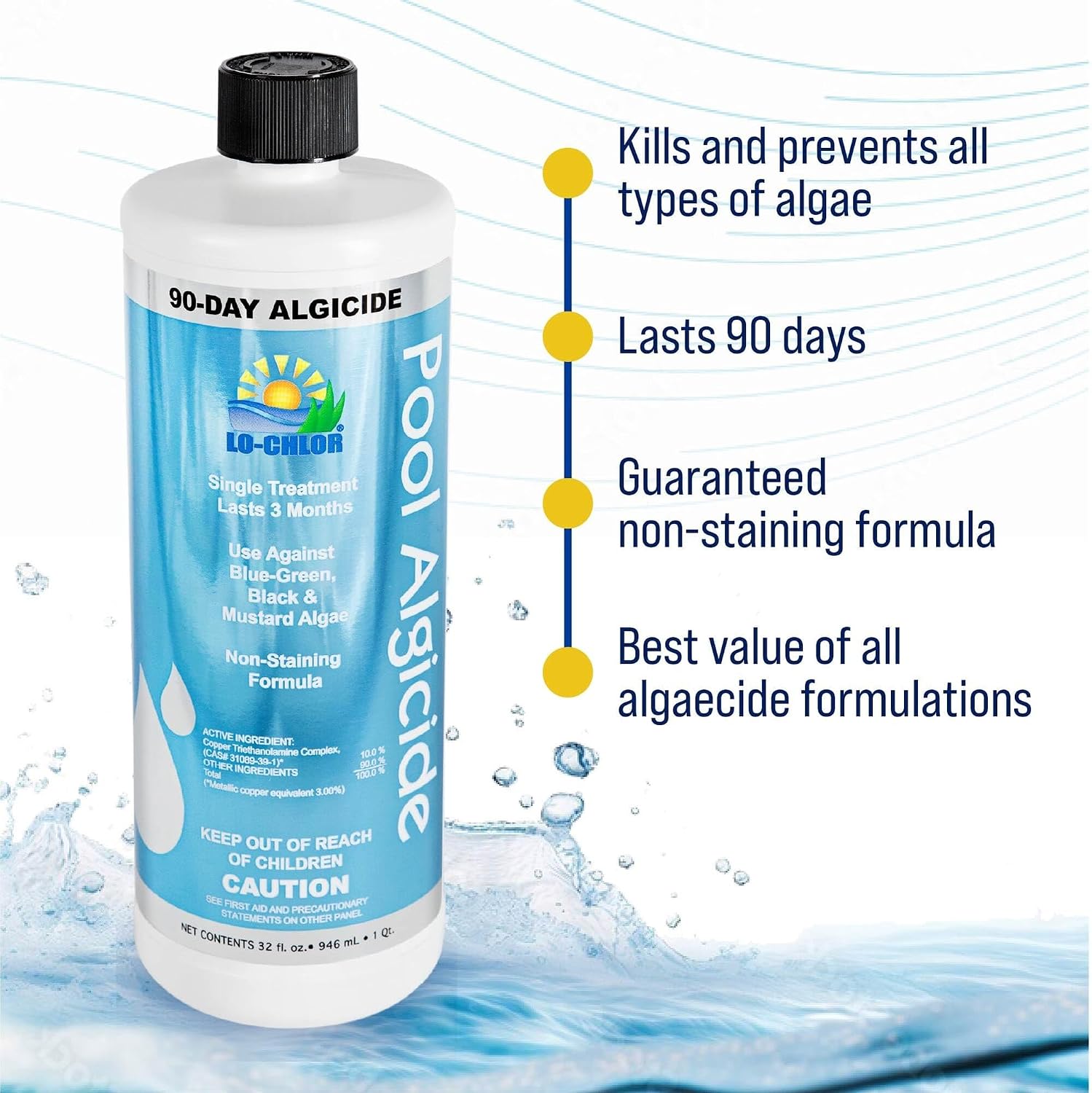Lo-Chlor 90-Day Pool Algaecide 32 oz bottle for black, mustard and blue-green swimming pool algae treatment