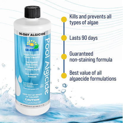 Lo-Chlor 90-Day Pool Algaecide 32 oz bottle for black, mustard and blue-green swimming pool algae treatment