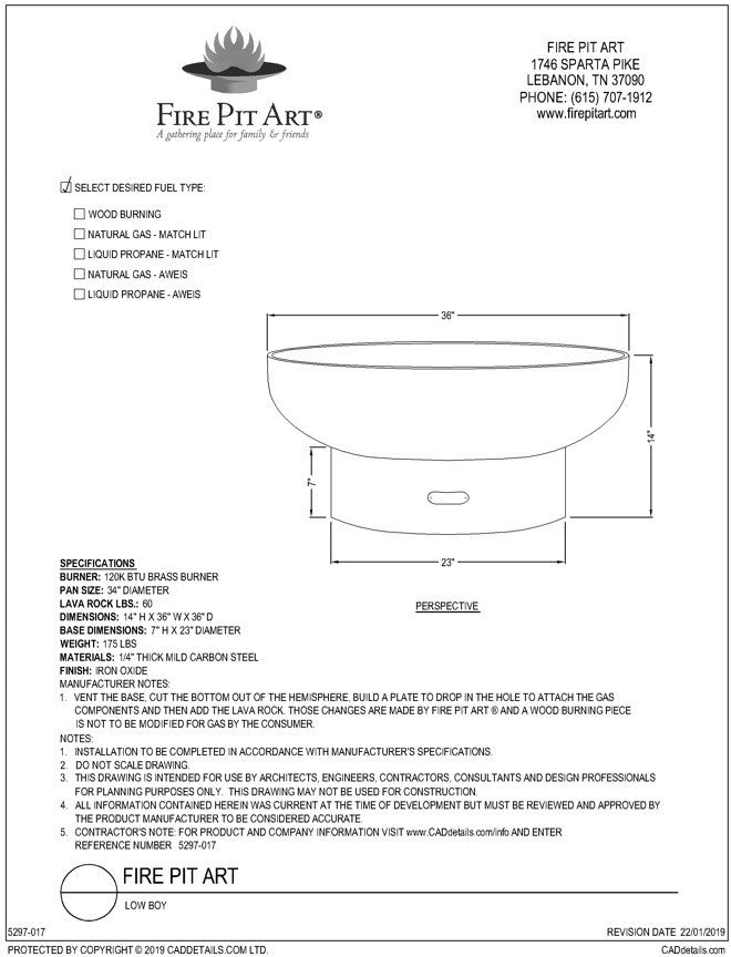 Fire Pit Art Low Boy Fire Pit, 30", dimension drawing