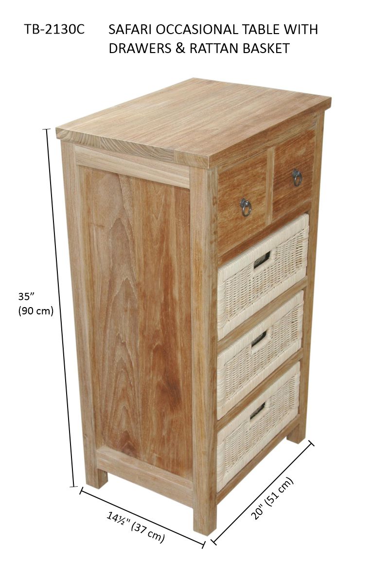 Anderson Teak Safari Occasional Table w/ Drawer & Rattan Baskets