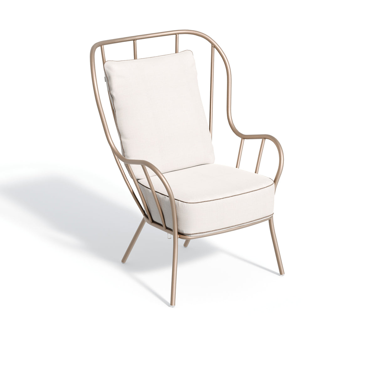 The same chair and cushions shown against a Taupe powder coated frame