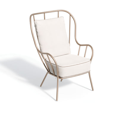 The same chair and cushions shown against a Taupe powder coated frame