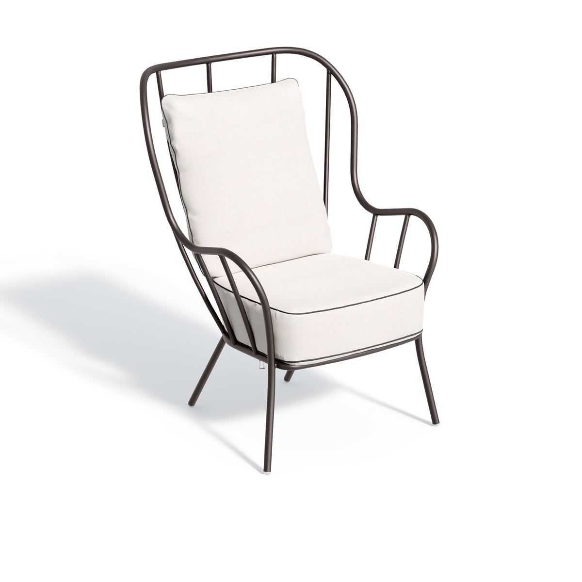 Tall backed Malti club chair carrying a Bliss Linen seat and back cushion, on white