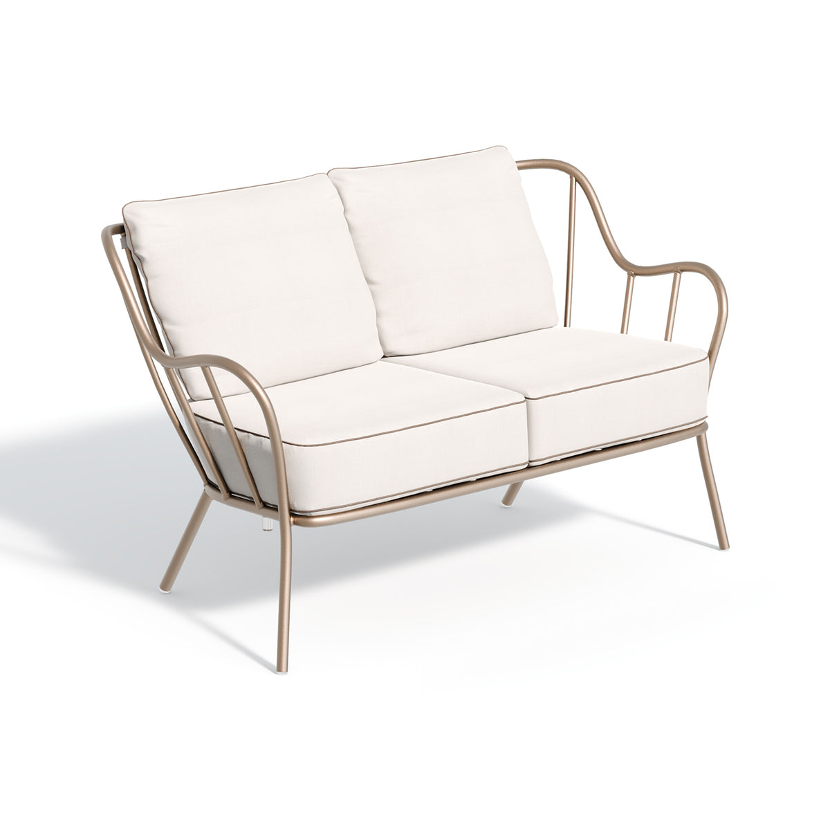 The same cushions shown on a Taupe powder coated Malti loveseat frame