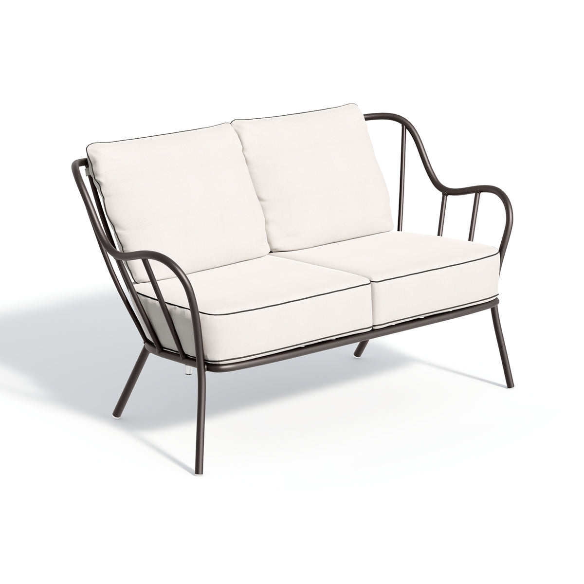 Malti loveseat dressed in a Bliss Linen seat and back cushion, on a white background