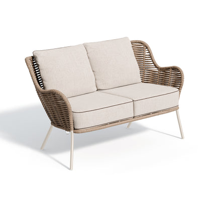 Two seat aluminum outdoor loveseat with a sandstone woven strap back and a frost powder coat frame