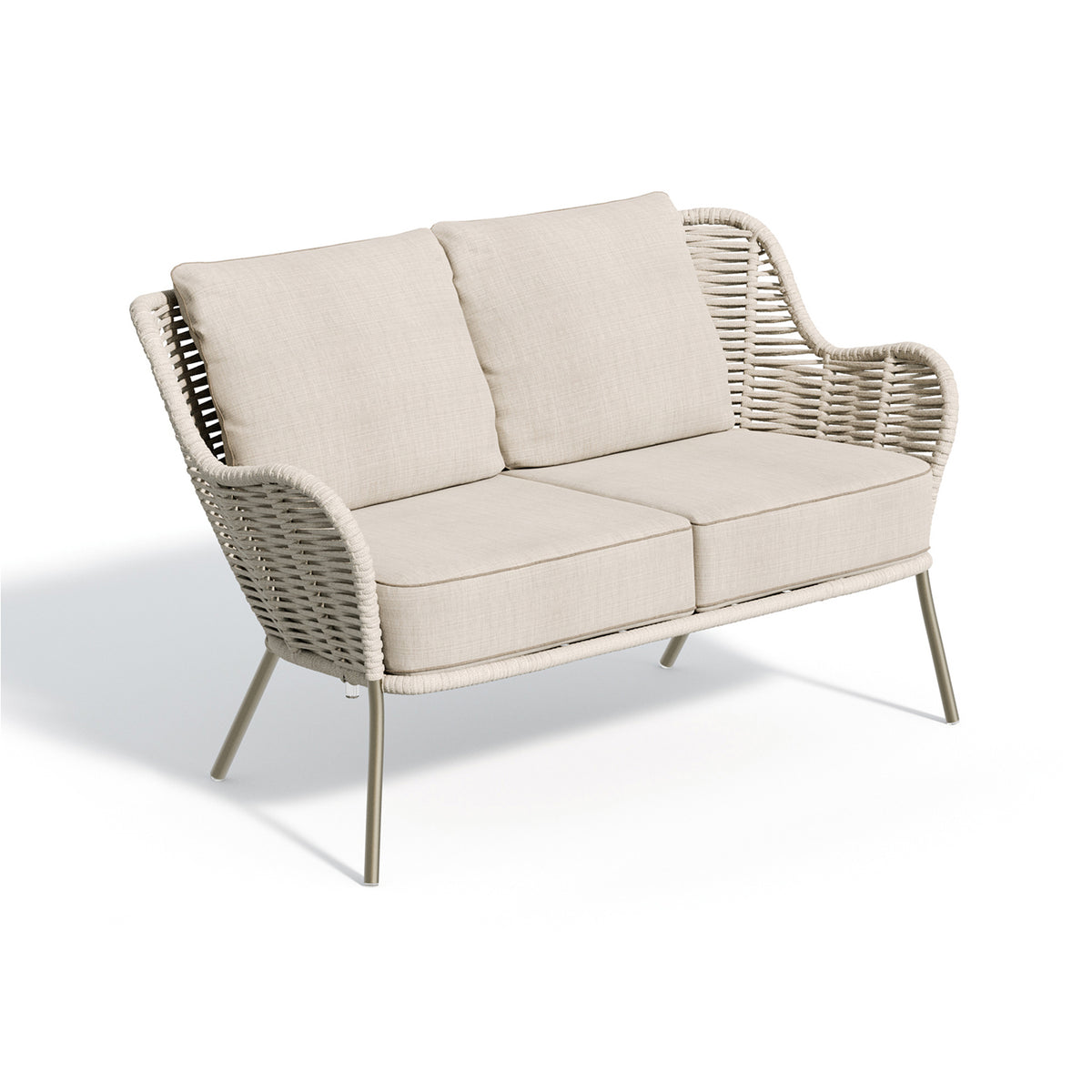 The same strap loveseat shown with a beige strap and a satin powder coat frame