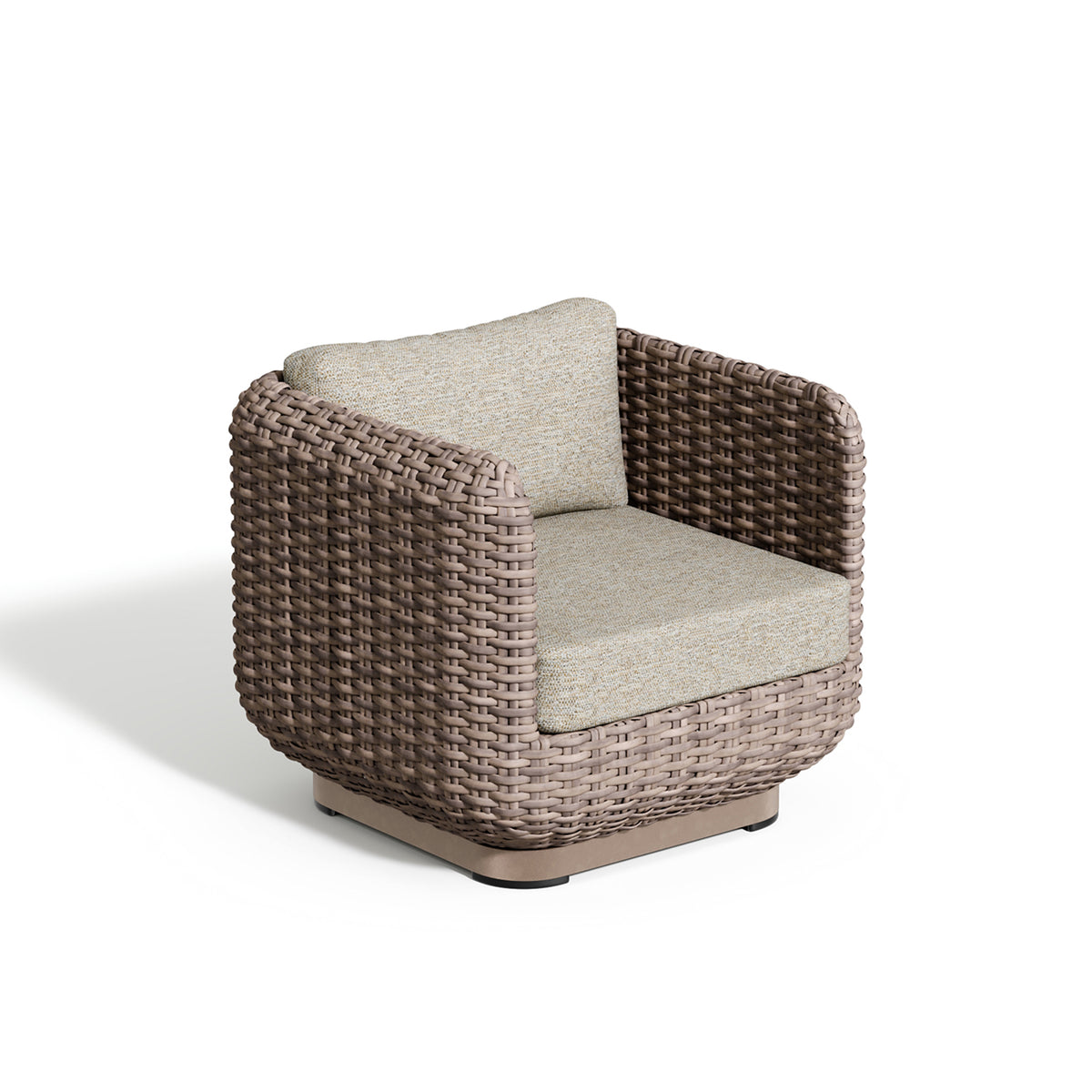 Nomi club chair in greige wicker with Mainstreet Dove cushions, photographed against white