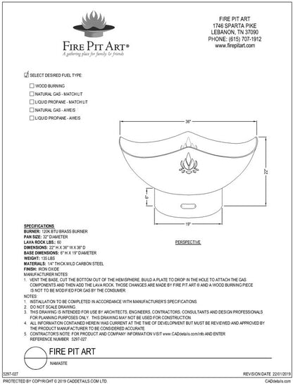 Fire Pit Art Namaste Fire Pit, 36", dimension drawing