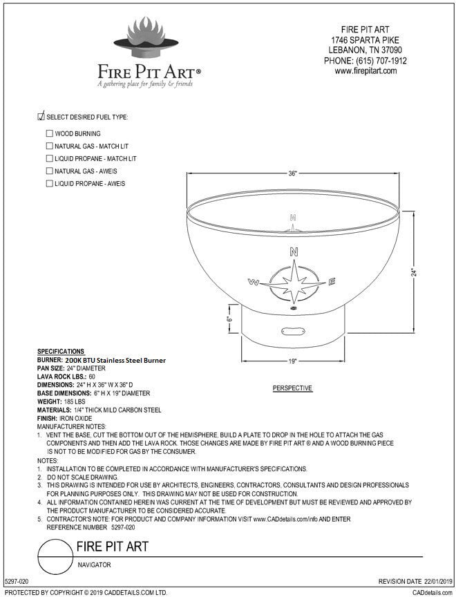 Fire Pit Art Navigator Fire Pit, 36", dimension drawing