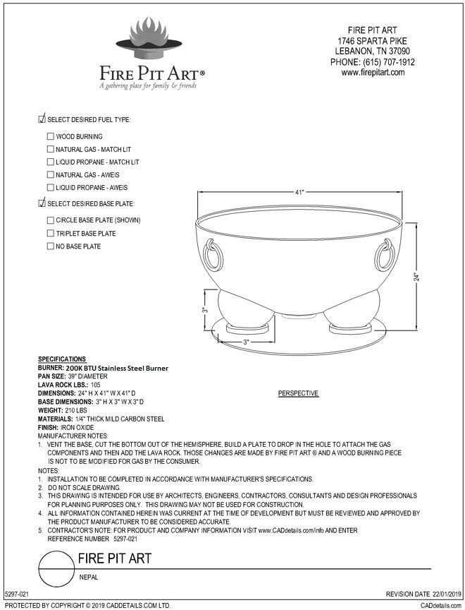 Fire Pit Art Nepal Fire Pit, 41", dimension drawing