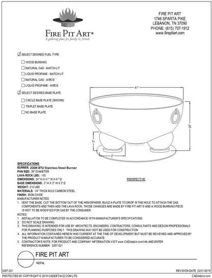 Fire Pit Art Nepal Fire Pit, 41", dimension drawing