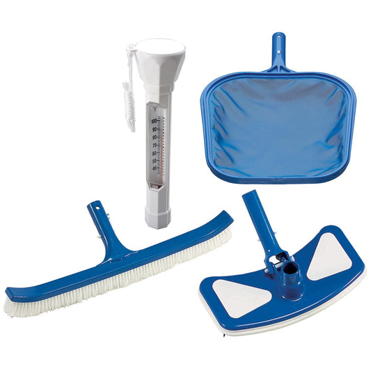 Ocean Blue Standard  Kit - Box Includes: Deluxe Vacuum Head, Skimmer With Snap Adapt Handle, 18  Curved Wall Brush With Snap Adapt Handle, And Deluxe Floating Thermometer | 010073