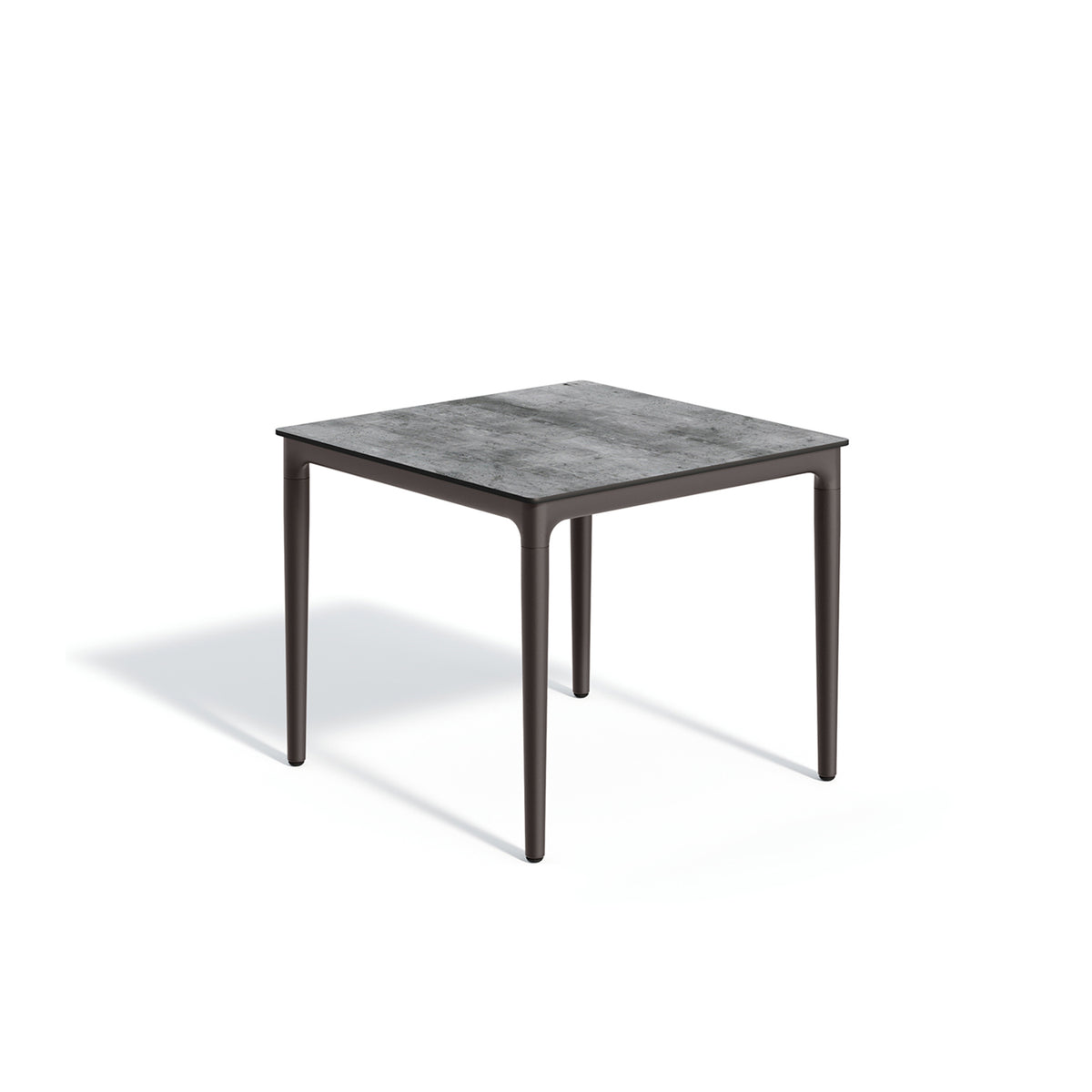 Square outdoor dining table with a pale laminate top on a slim dark aluminum frame, on a plain white background
