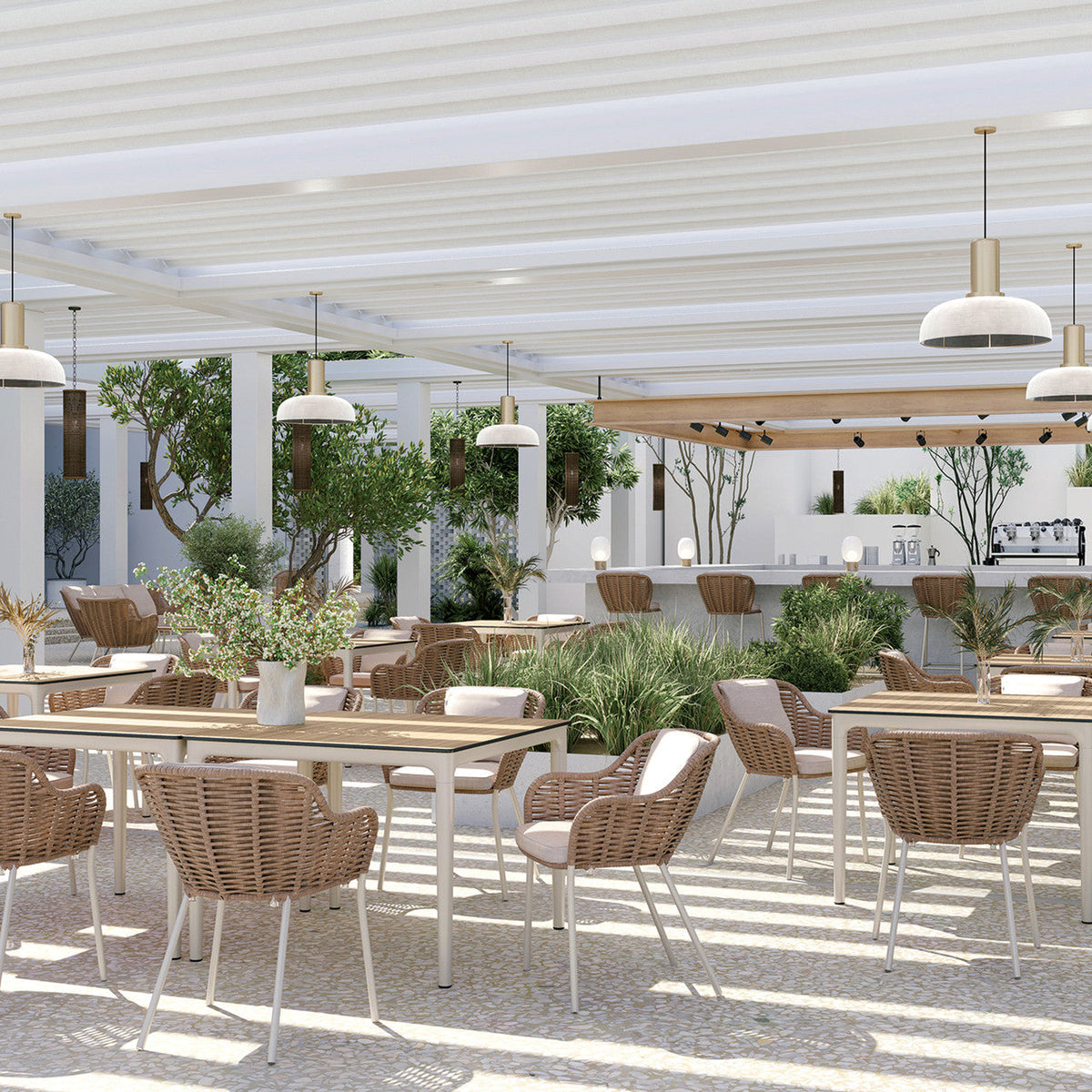 Ponte laminate top dining tables set with chairs in a paved commercial courtyard
