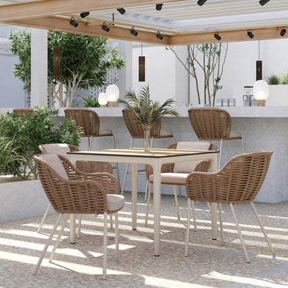 Ponte laminate top dining tables set with chairs in a paved commercial courtyard