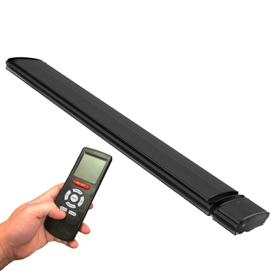 RADtec E32R 82.5-inch electric patio heater with zero light infrared technology for outdoor use.