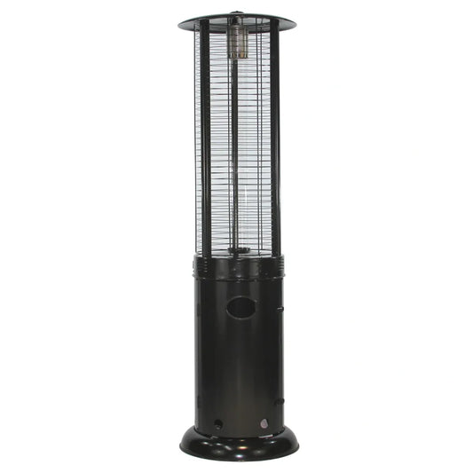 RADtec 80-inch black propane patio heater with clear glass and ellipse flame.
