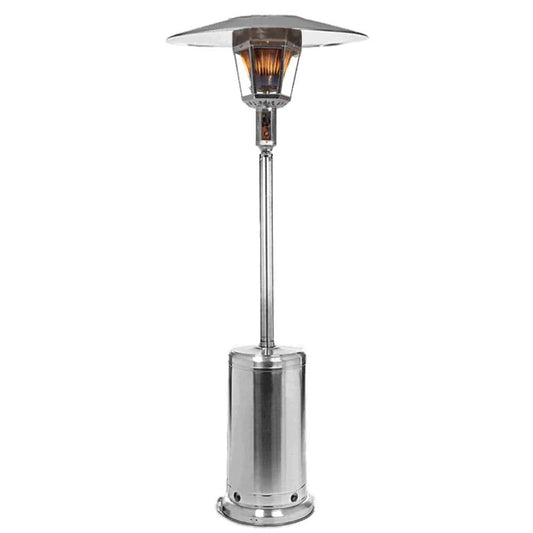 Elegant RADtec 96-inch natural gas patio heater in antique bronze with real flame.