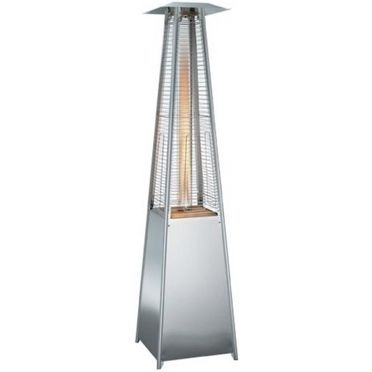 Stainless steel 89-inch tower flame propane patio heater with 41,000 BTU output.
