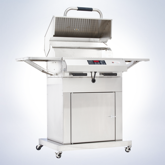 Electri-Chef Emerald 24 inch closed base electric grill on casters with fold-down side shelves and a storage cabinet