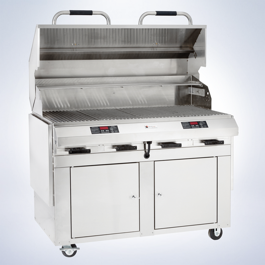 Electri-Chef Diamond 48 inch closed base electric grill with side by side storage cabinets and fold-down shelves