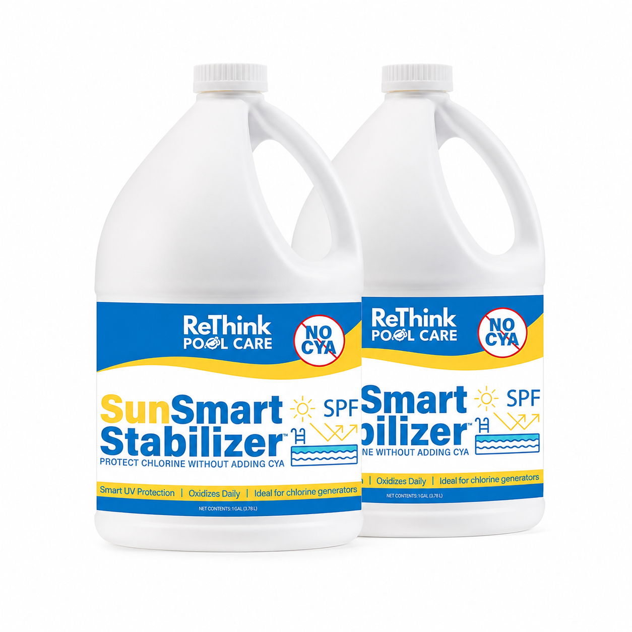 ReThink Pool Care SunSmart Stabilizer 2-pack, two 1-gallon bottles on white background