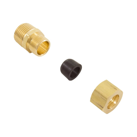 Rola Chem Brass Injection Fitting 1/2in NPT x 7/16 OD Tube for secure pool connections.
