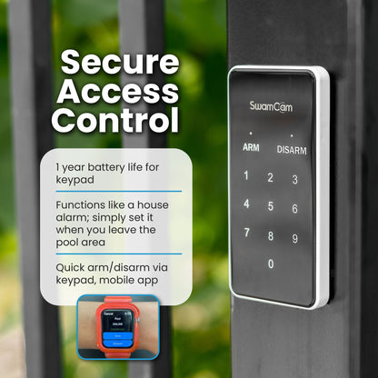Keypad mounted beside a doorway, captioned for its one year battery life and quick arm and disarm