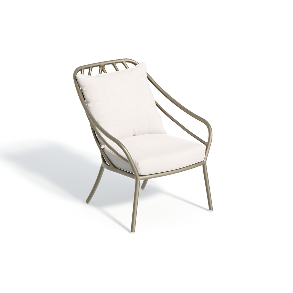 Seavo club chair with Bliss Linen seat and back cushions on a satin frame, on a white background